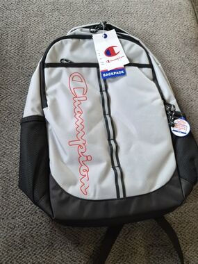 Champion Light Gray and Black Backpack with Red Script Logo NEW